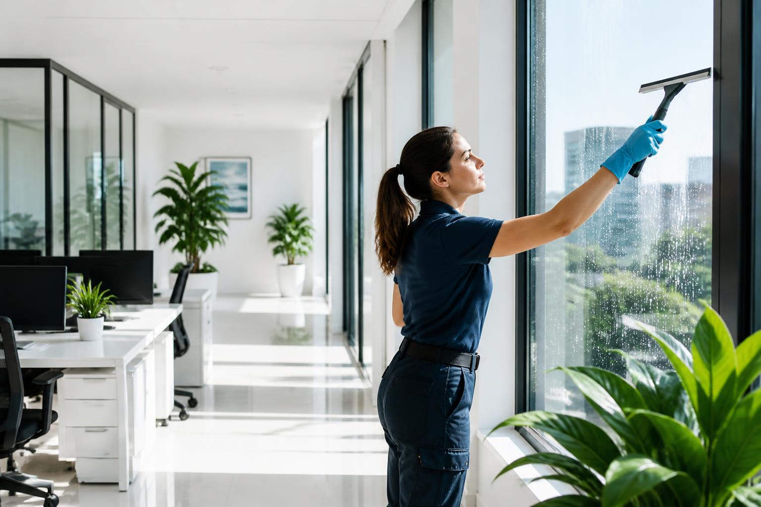 Nettoyage soigné de grandes vitres dans un bureau lumineux